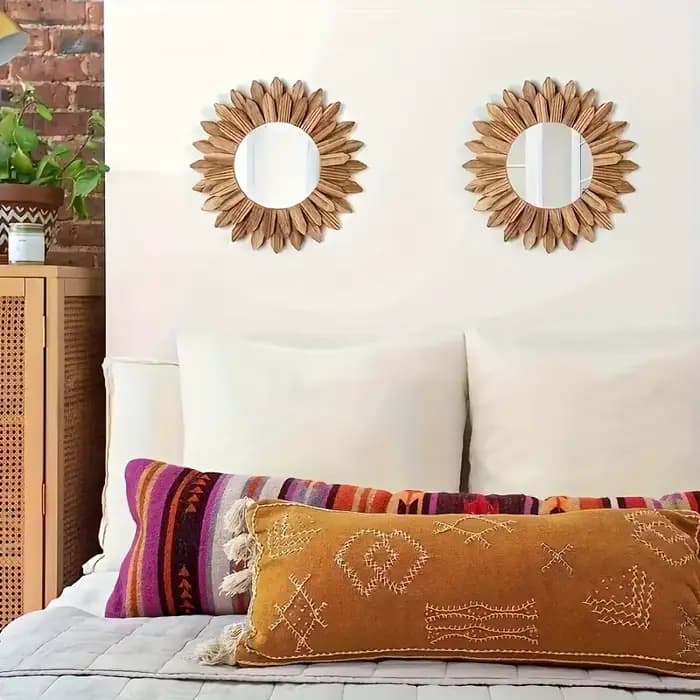 Miroir de maquillage mural chic en forme de tournesol - Cadre rond en bois