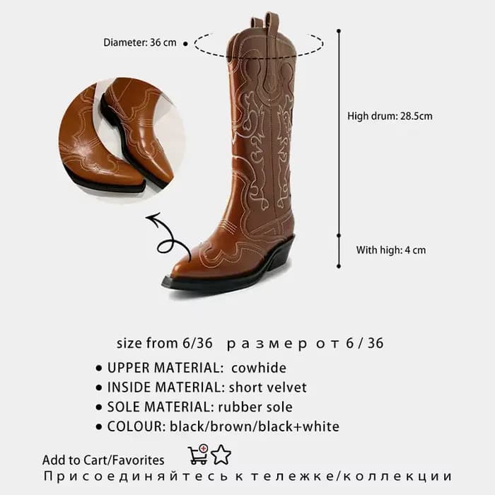 Ods-Bottes Western de Cowboy en Cuir group pour Femme, Brodées, Jolie tues, Parker, Mi-Mollet, Rétro, Mode Décontractée, Haute Qualité