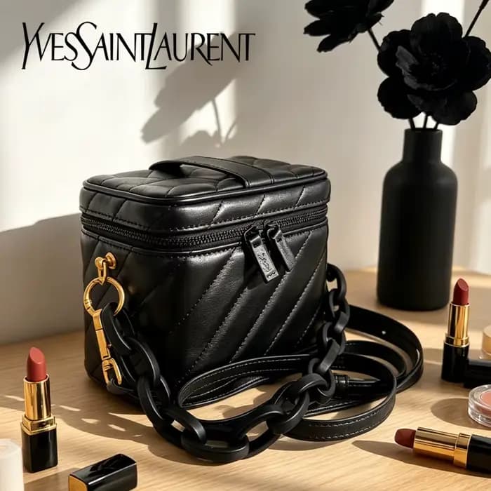 Sac Yves Saint Laurent noir matelassé, mini sac cosmétique YSL avec miroir intégré, pochette de maquillage multi-usage avec accessoires détachables DIY