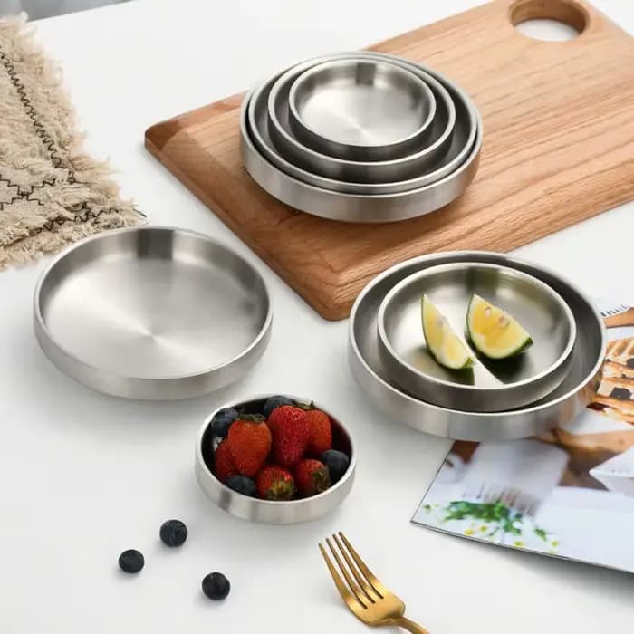 Assiette plate en acier inoxydable 201/304, bol à nouilles, assiette à dîner épaisse, assaisonnement pour Camping, vaisselle de Restaurant