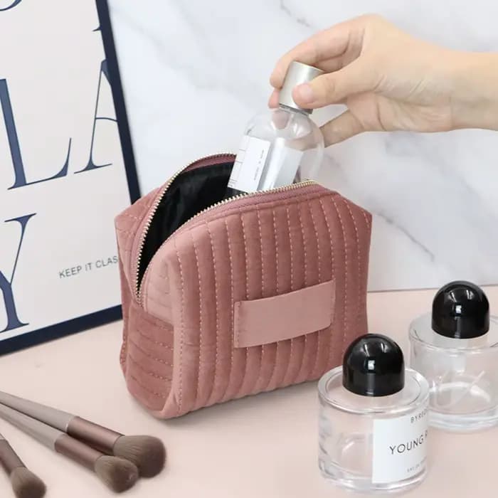 Trousse de Maquillage Personnalisée Grande Capacité en Velours Couleur Unie