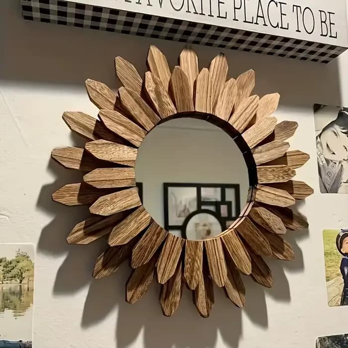 Miroir de maquillage mural chic en forme de tournesol - Cadre rond en bois