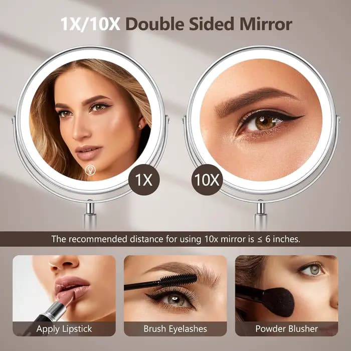 Miroir de maquillage de 8 pouces avec lampe lumineuse grossissement 10X 3 lumières de couleur