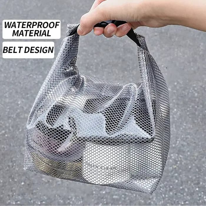 Trousse de toilette en maille imperméable, organiseur de cosmétiques à cordon avec boucle à dégagement rapide, pochette transparente pour voyage, gym et salle de sport