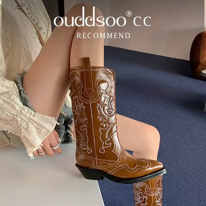 Ods-Bottes Western de Cowboy en Cuir group pour Femme, Brodées, Jolie tues, Parker, Mi-Mollet, Rétro, Mode Décontractée, Haute Qualité
