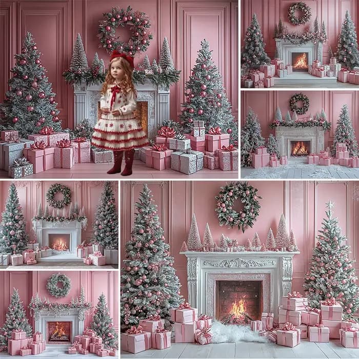 Arrière-Plan de Photographie de Noël, Cabane Rose, Fournitures de Décoration d'Arbre de Noël, Portrait de Vacances pour Enfant, Accessoires de Studio Photo