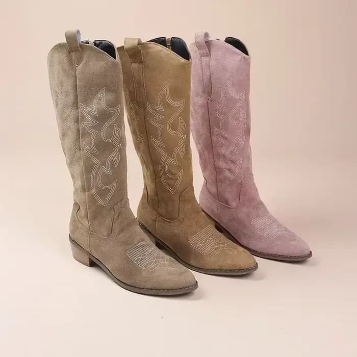 Bottes de cowboy occidentales brodées pour femmes, automne, Parker pointu, talon optique, bottes hautes au genou, cuir PU, bottes longues