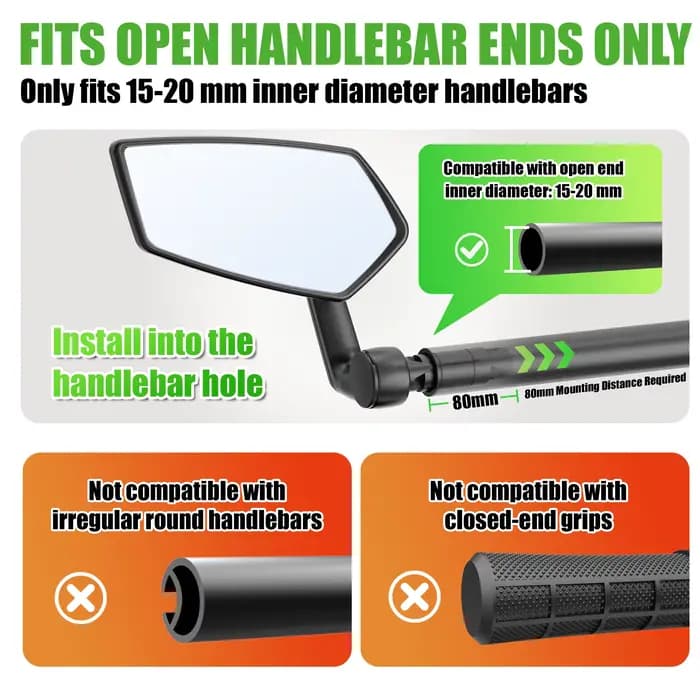 Rétroviseur de vélo RBRL HD grand angle pour extrémité de guidon, anti-chute, réglable à 360°, pour VTT, vélo de route, vélo électrique, trottinette