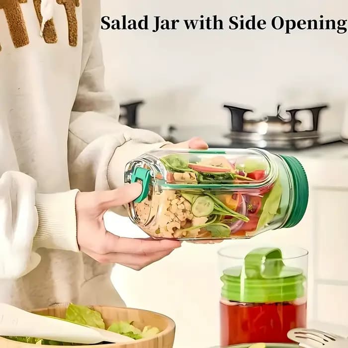 Conteneur à salade de haute qualité, durable avec couvercle à ouverture latérale et compartiment à condiments anti-fuite.