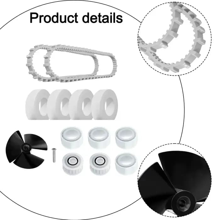 Kit de remplacement essentiel pour les robots nettoyeurs de piscine Dolphin, comprenant l'impeller 9995266, la courroie R1 9985006, la roue R2 6101611, ainsi que les pièces R4 et R6.