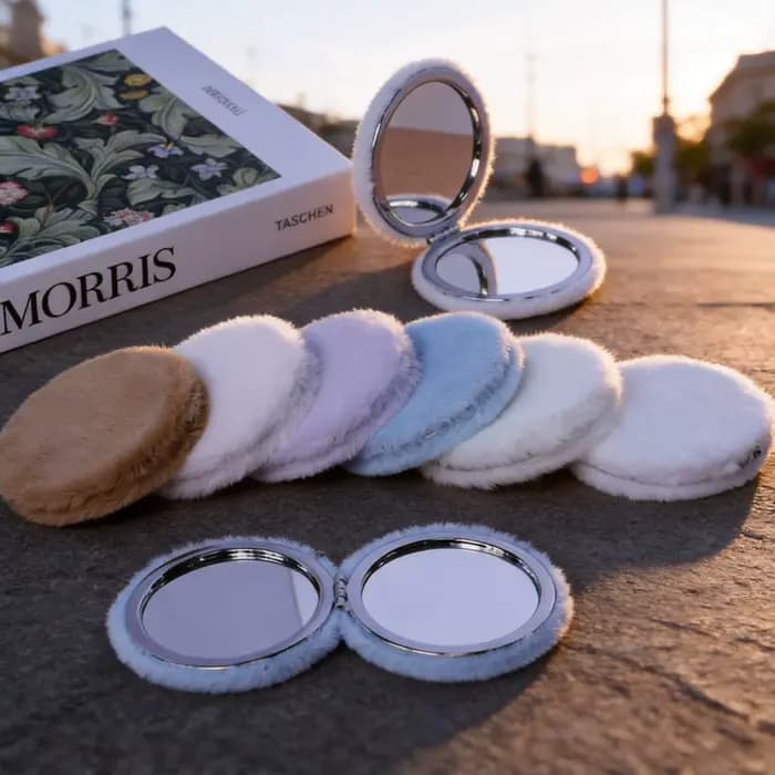 Miroir compact portable en fourrure moelleuse
