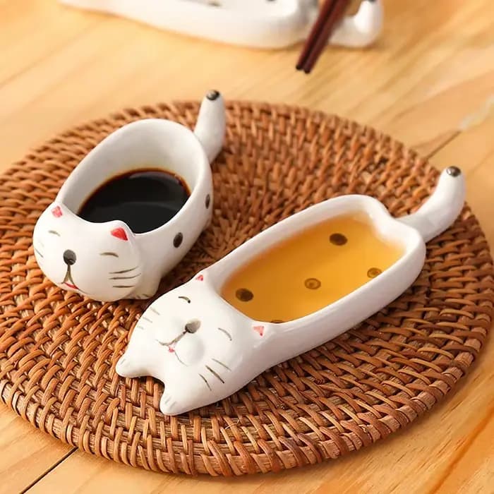 Mini plat à sauce en céramique motif chat mignon avec poignée, pour sauce soja, moutarde, ketchup et repose-baguettes, pour la maison et les restaurants