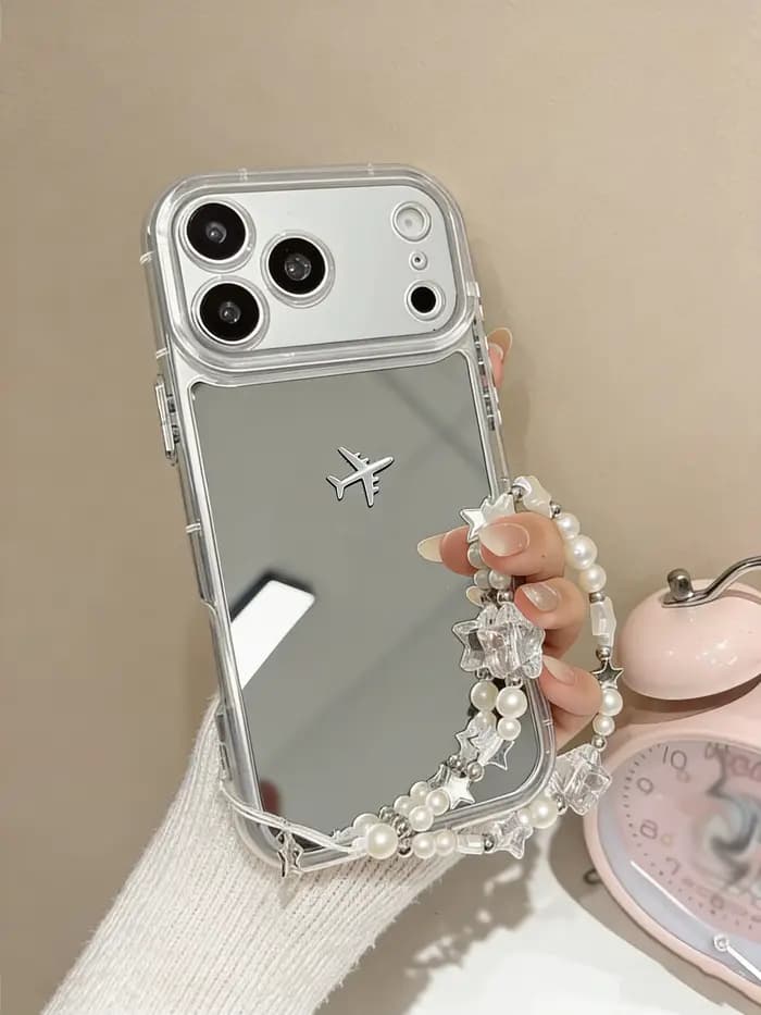 Coque de téléphone miroir avec bracelet perlé pour iPhone 17 16 15 14 13 Pro Max, coque transparente motif avion