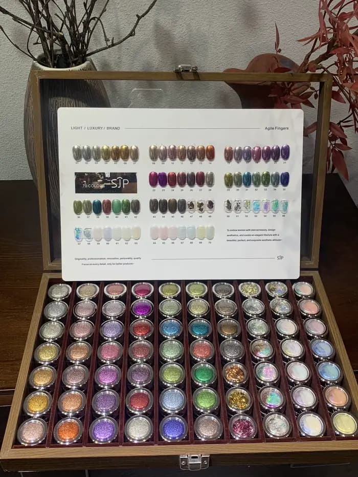 70 couleurs de poudre de miroir magique de vernis à ongles haut de gamme, poudre de vernis à ongles opale, rose clair de lune, avec échantillons de couleurs et verre st