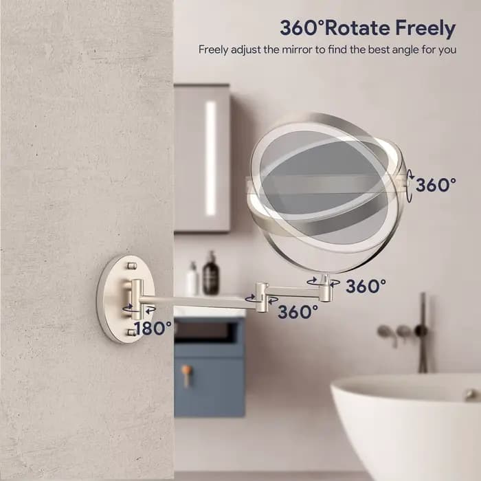 Miroir de salle de bains pliant Led tactile en Nickel brossé, accessoires 10X, miroir de maquillage éclairé grossissant, miroirs de salle de bains ronds