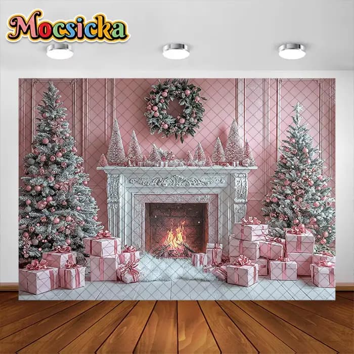 Arrière-Plan de Photographie de Noël, Cabane Rose, Fournitures de Décoration d'Arbre de Noël, Portrait de Vacances pour Enfant, Accessoires de Studio Photo