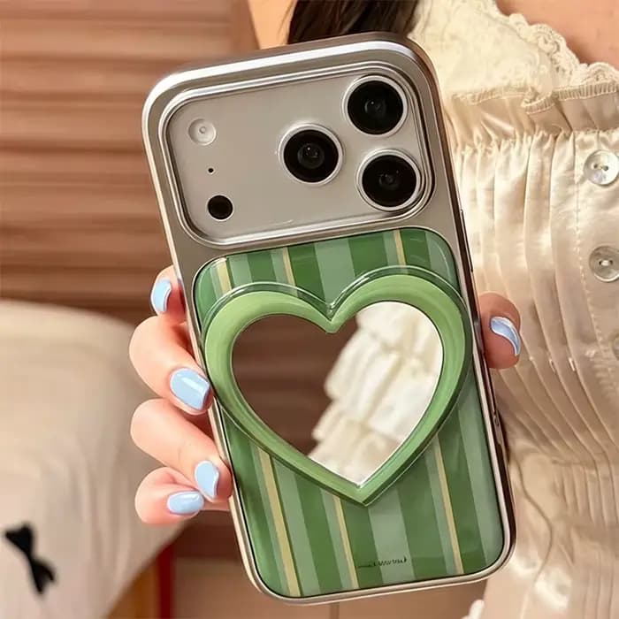 Coque de téléphone tendance verte rayée avec cœur 3D miroir pour iPhone 17 Pro Max 16 15, cadre électroplaqué, coque arrière rigide