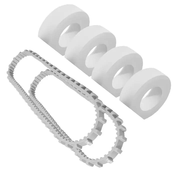 Kit de remplacement essentiel pour les robots nettoyeurs de piscine Dolphin, comprenant l'impeller 9995266, la courroie R1 9985006, la roue R2 6101611, ainsi que les pièces R4 et R6.