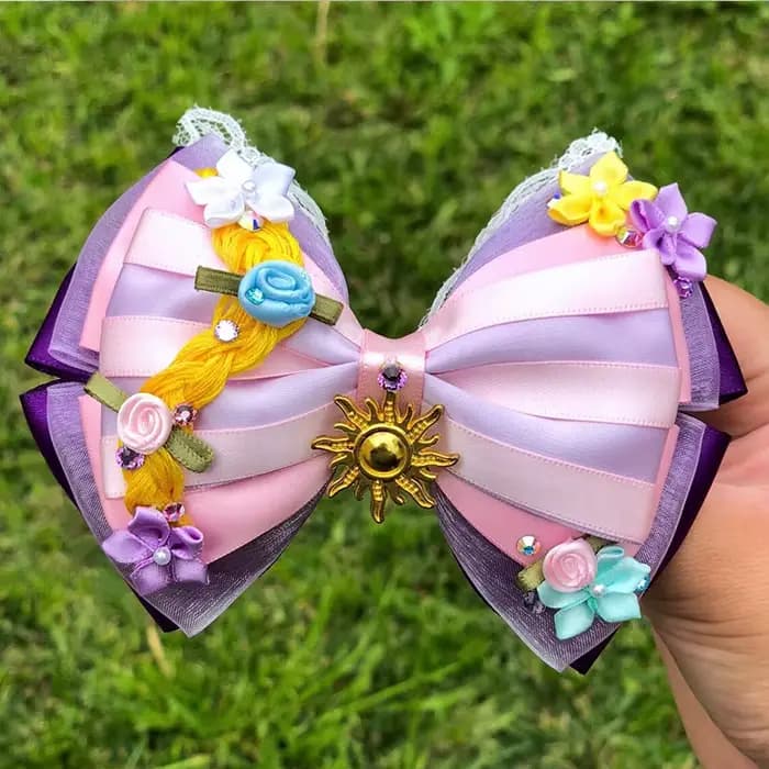 1 pièce Accessoires capillaires Disney Raiponce pour filles, pince à cheveux oreilles de caméléon et tournesol, bandeaux Tangled pour femmes, coiffes à nœuds à paillettes pour enfants