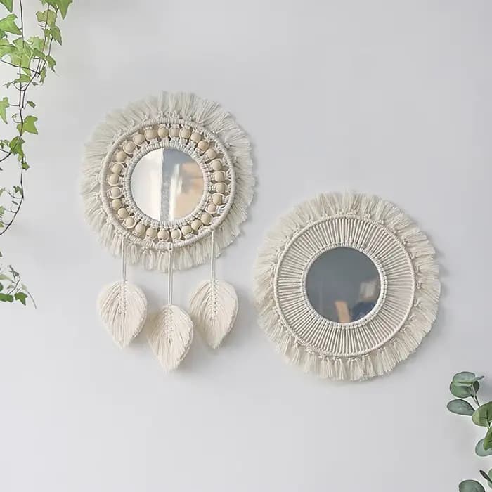 Miroir mural rond en macramé