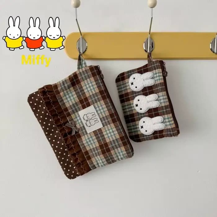 Sac de maquillage Kawaii Miffy, sac de rangement mignon à carreaux contrastés pour notes, articles et papeterie, cadeau pour fille
