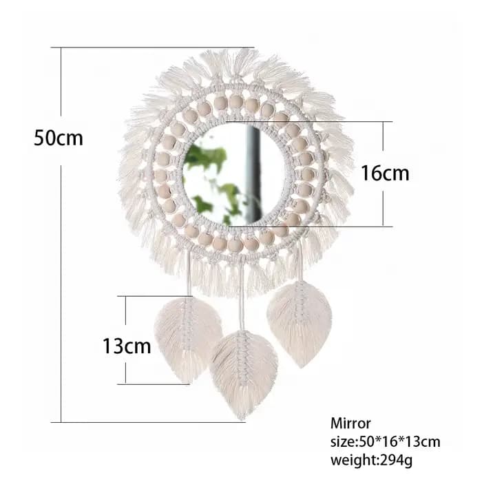Miroir mural rond en macramé