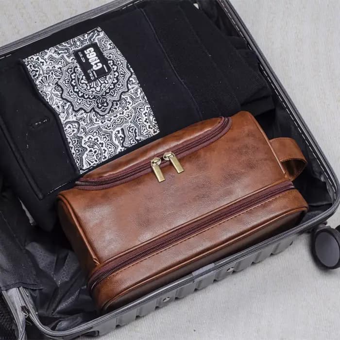 Trousse de toilette, Kit d'organisation de voyage en cuir pour hommes avec crochet de suspension
