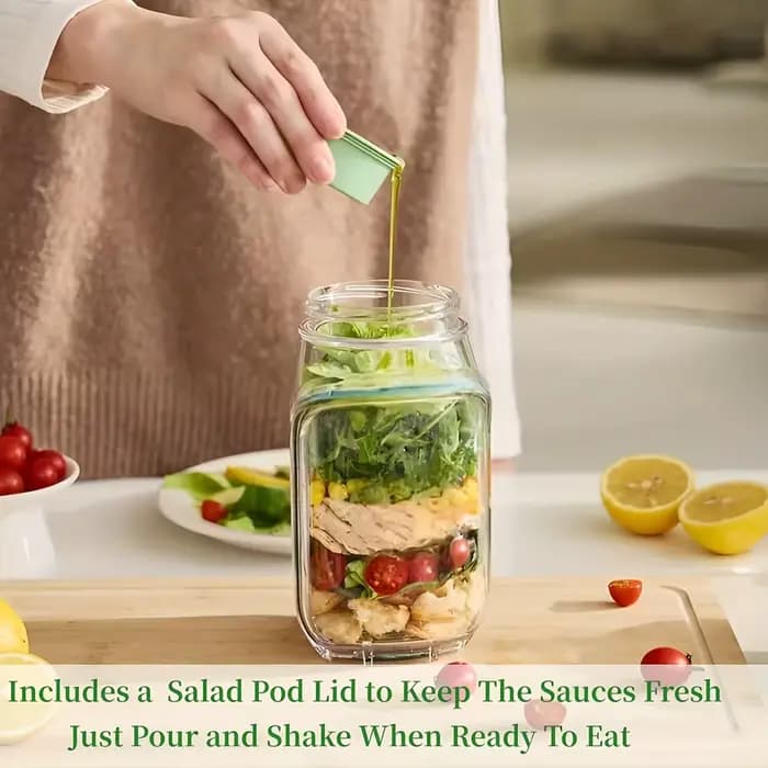 Conteneur à salade de haute qualité, durable avec couvercle à ouverture latérale et compartiment à condiments anti-fuite.