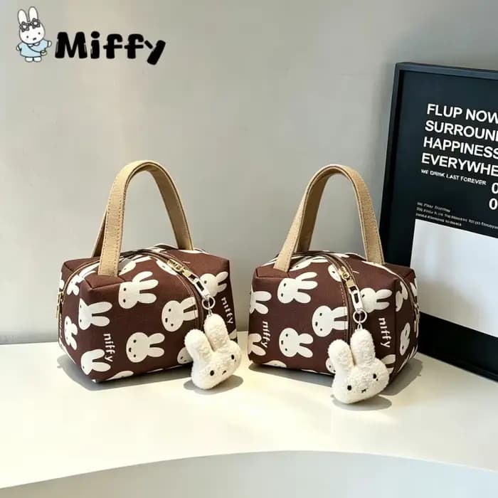 Sac Miffy, sac rectangulaire en toile imprimé lapin de dessin animé marron Miffy, pour le rangement des cosmétiques