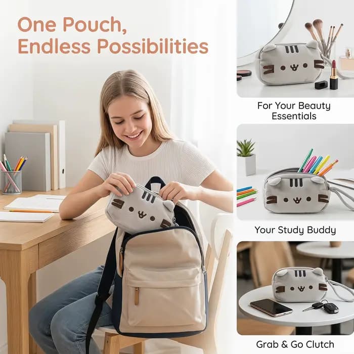 Pochette cosmétique style chat Pusheen, grande capacité, trousse de maquillage, trousse à crayons, pour adolescents, organisateur de voyage et d'école
