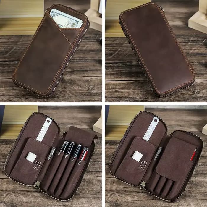 Trousse à crayons en cuir véritable avec 4 fentes