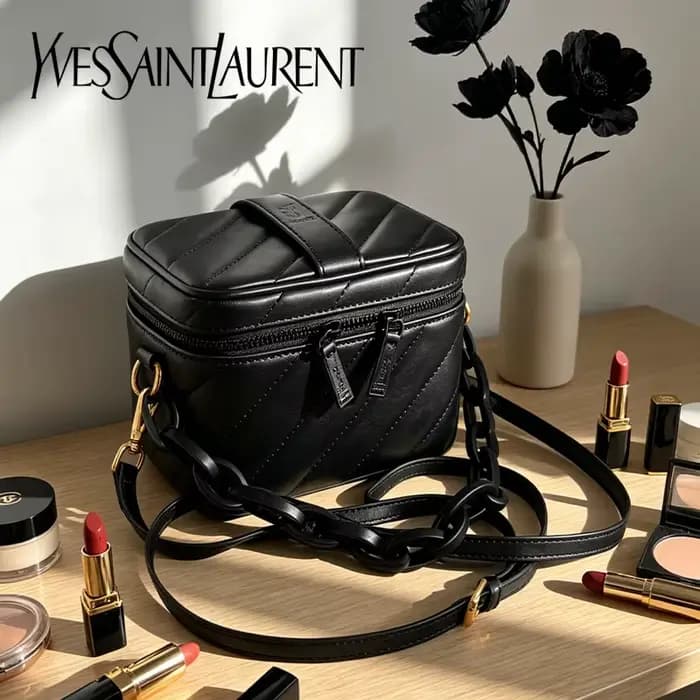 Sac Yves Saint Laurent noir matelassé, mini sac cosmétique YSL avec miroir intégré, pochette de maquillage multi-usage avec accessoires détachables DIY