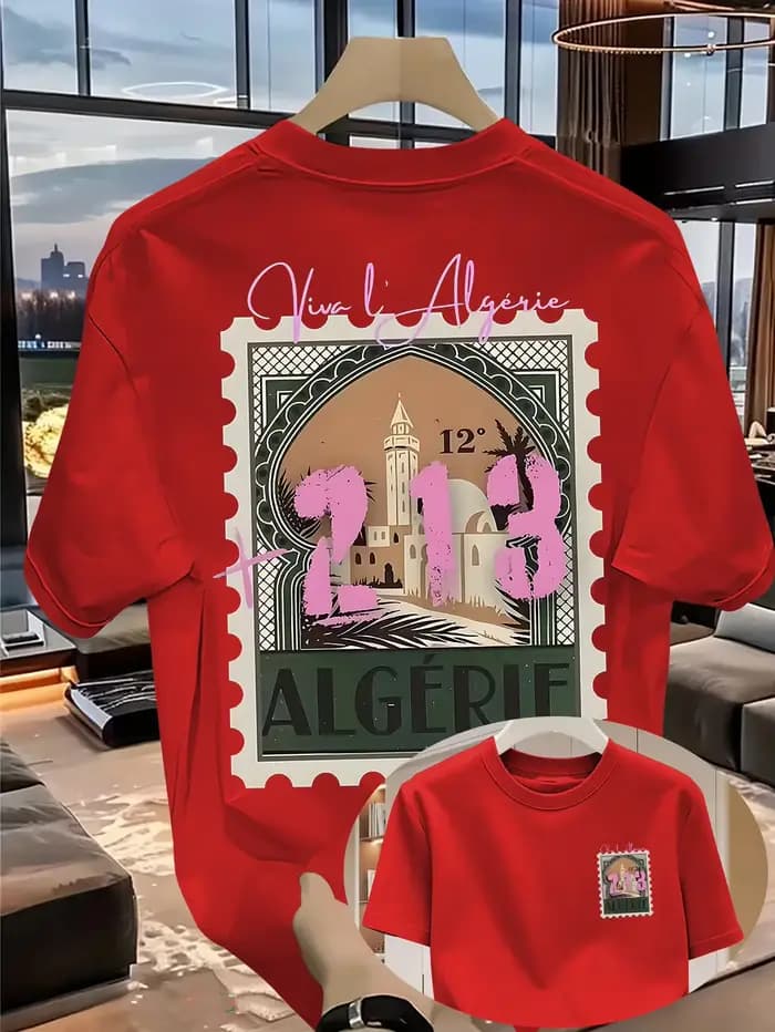 T-shirt Homme Fierté Algérienne 100% Coton avec Motif « ALGERIE +213 » Respirant pour l'Été et les Voyages