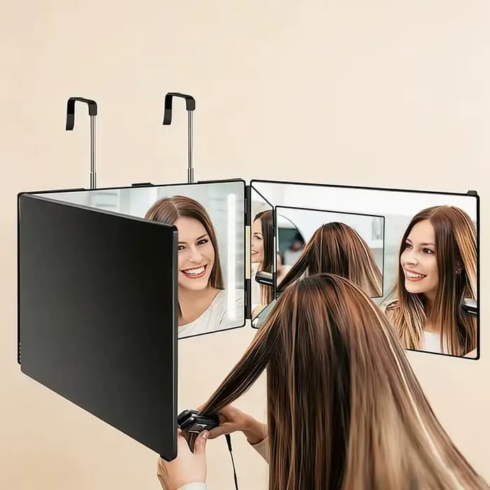 Miroir coiffure 3 voies pliable à 360° avec éclairage LED