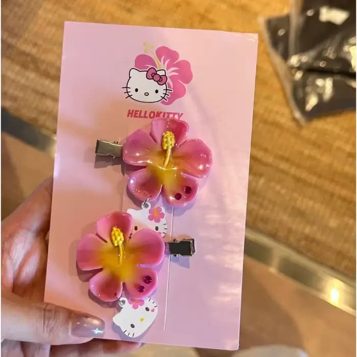 Ensemble de pinces à cheveux Kawaii Sanrio Hello Kitty, fleurs, rose, hibiscus, accessoires pour cheveux d'été pour femmes et filles