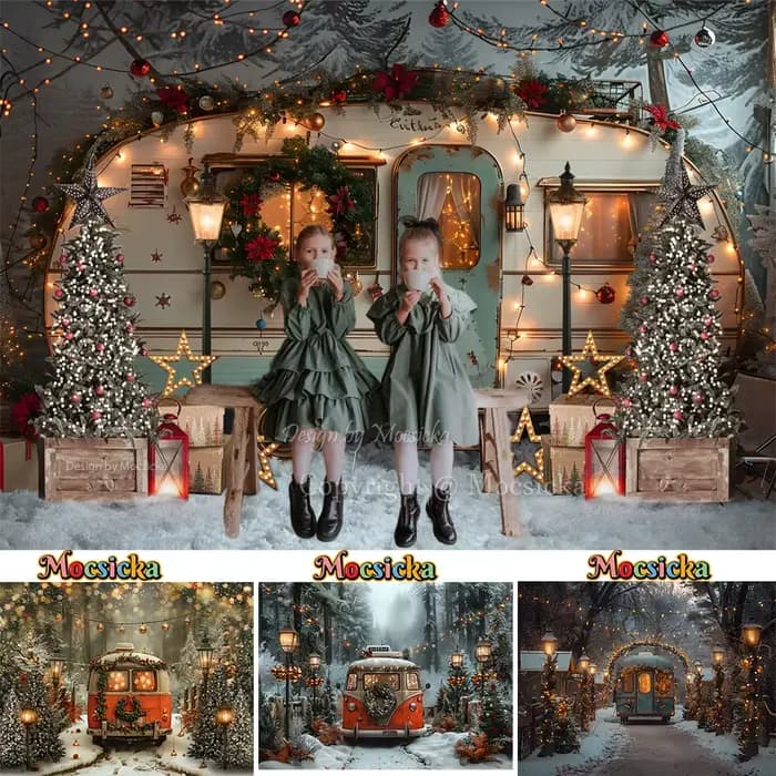 Arrière-plan de photographie de Noël, camping enneigé d'hiver, bus, arbre de Noël, décor de toile de fond, photo de famille d'enfants, lampadaires, accessoires de studio