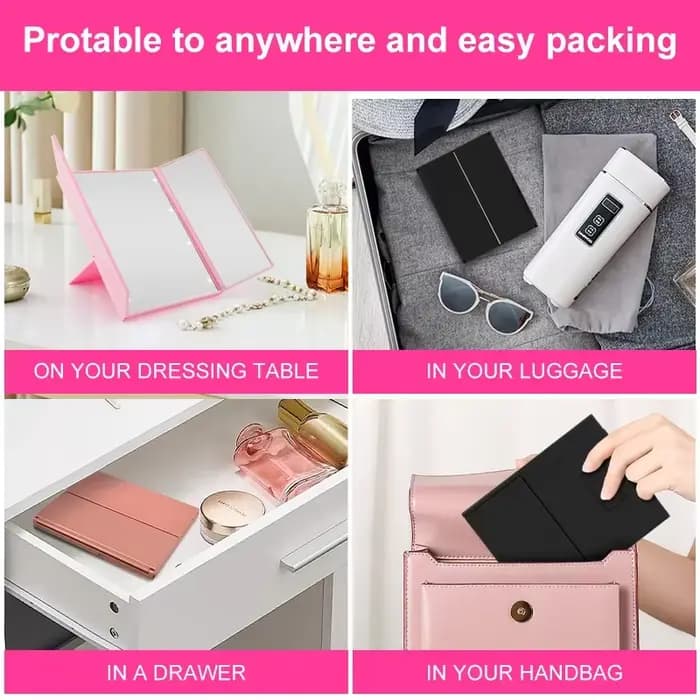 Miroir de maquillage Portable à trois côtés LED