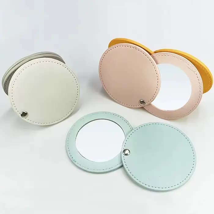 Miroir compact incassable en acier inoxydable avec manchon en cuir PU