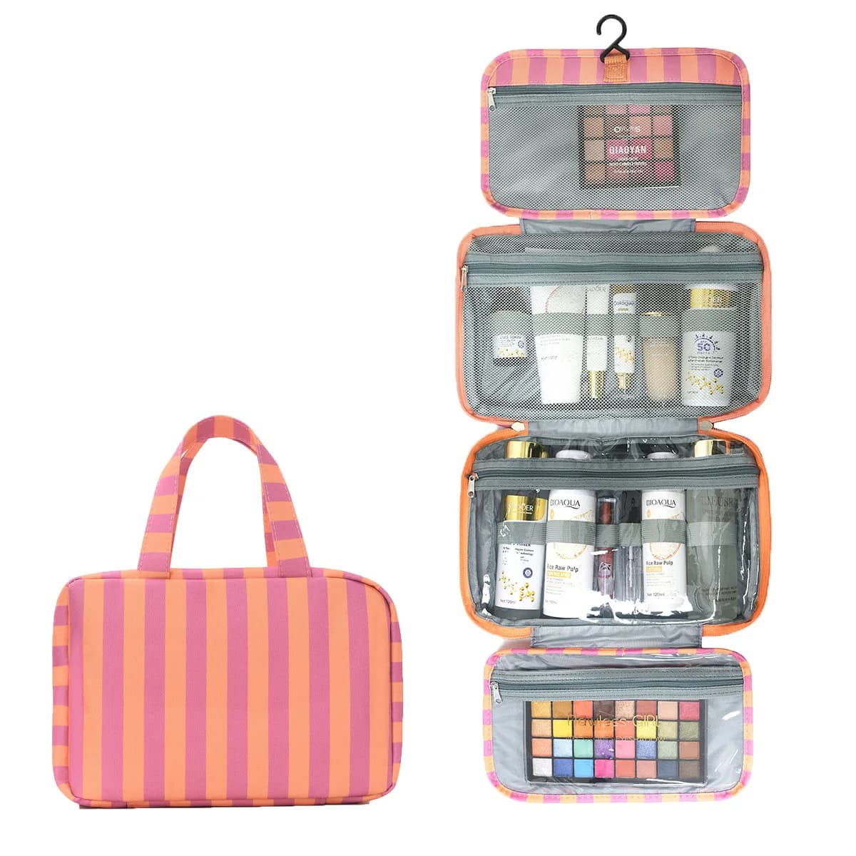 Trousse de toilette rayée à 4 compartiments, pochette pliable rayée avec crochet | Sacs de toilette 