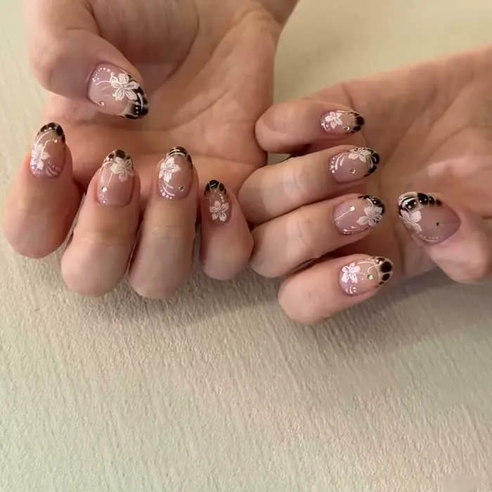 Faux ongles de Style français rose, fleur blanche imprimée, tête carrée courte, à pression, simples,