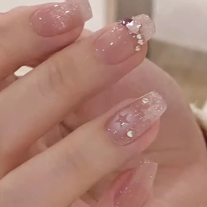 24 pièces paillettes diamant presse sur ongles Blush rose oeil de chat faux ongles doux mignon cercu