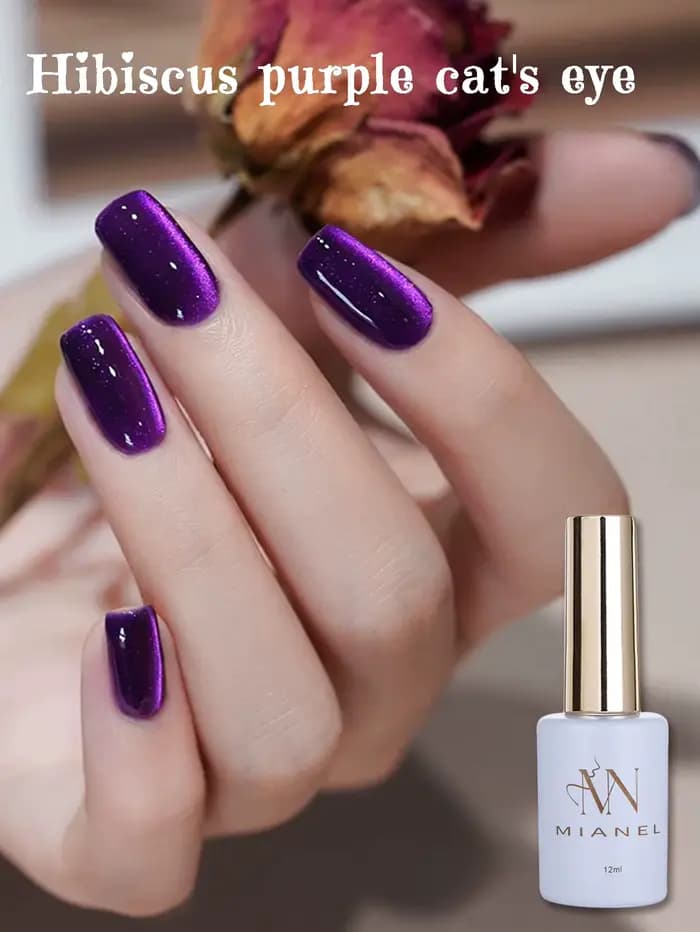 MIANEL 12ML Vernis à ongles gel effet œil de chat Hibiscus Violet, super blanchissant, perles de ver