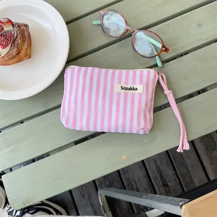 Petit sac à cosmétiques mignon, Mini organisateur rayé en toile pour femmes, sac de maquillage pour