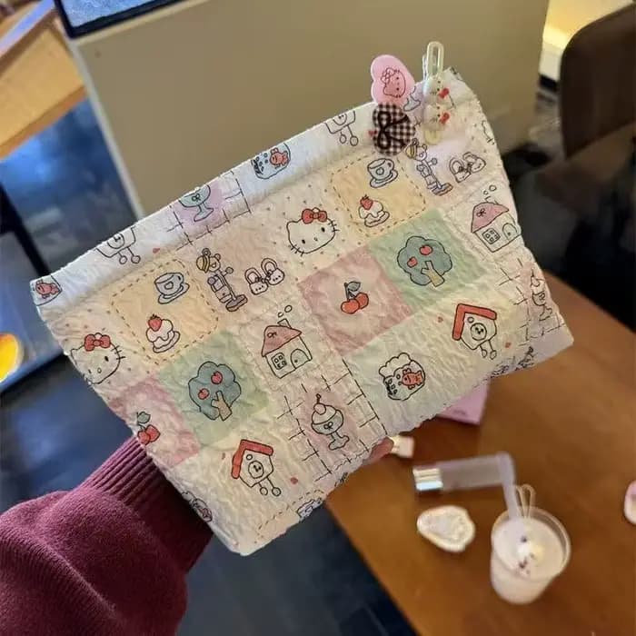 Sac Kawaii Hello Kitty, sac de maquillage mignon, anime, polyvalent, portable, grande capacité, sac