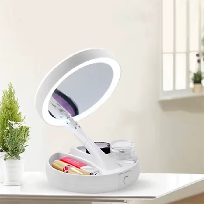 Miroir de maquillage LED à double alimentation (pile sèche/USB), double face, grossissement 10X, por