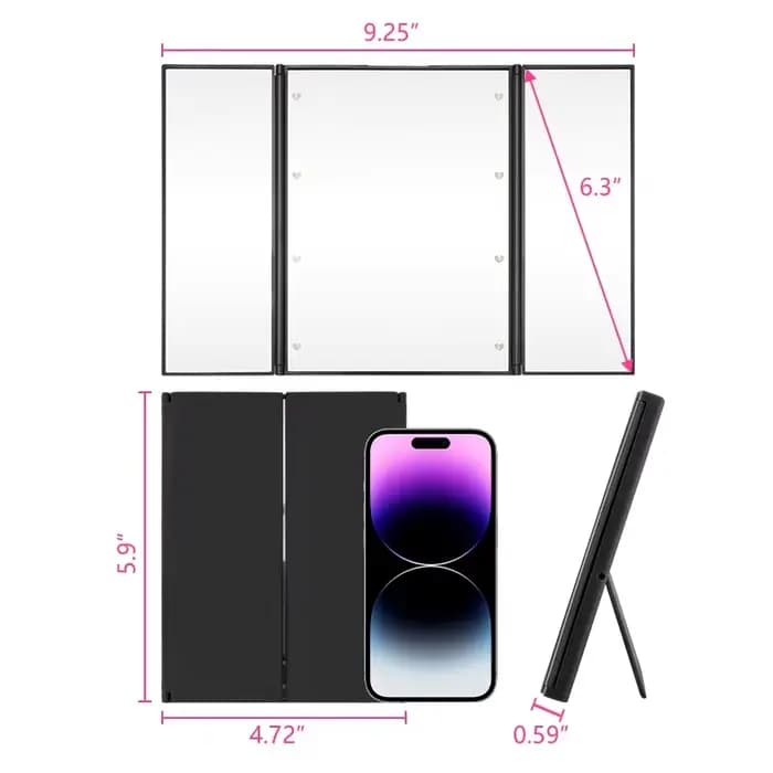 Miroir de maquillage Portable à trois côtés LED, Design pliable, miroir cosmétique de vanité de voya