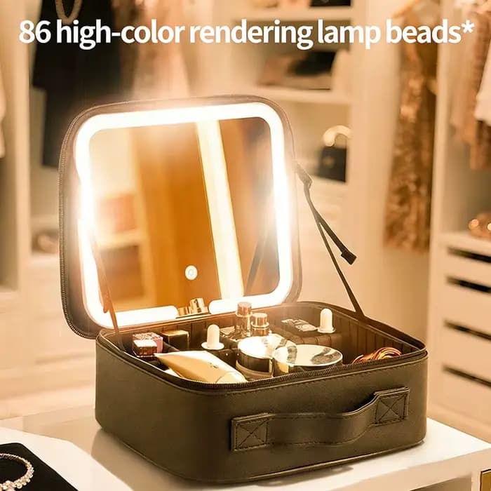 Trousse de maquillage portable grande capacité avec lumière LED et miroir, boîte de beauté professio