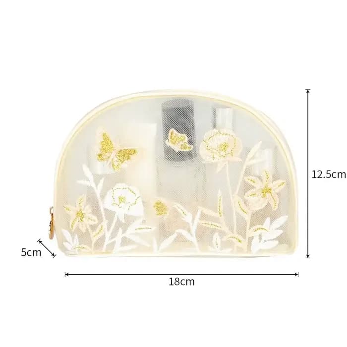 Trousse de Toilette Portable Grande Capacité en Maille Broderie Florale Organisateur de Maquillage S