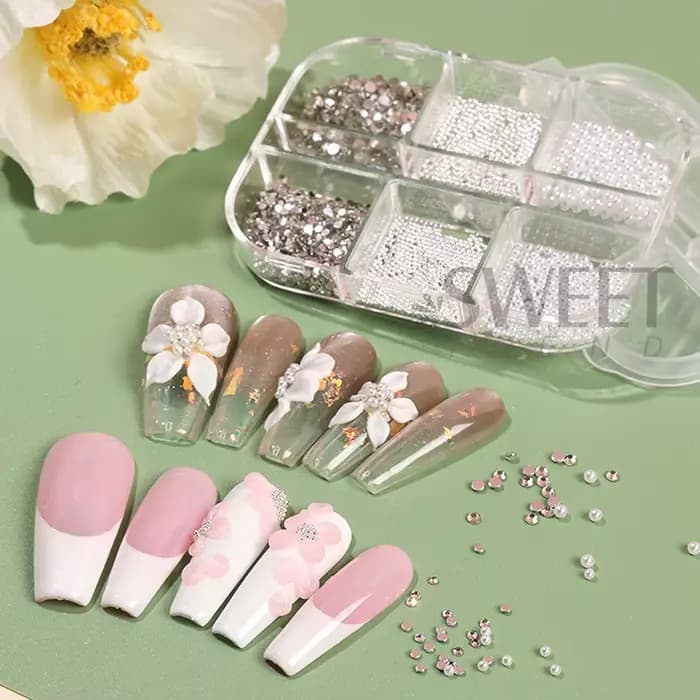 Strass 3D pour Nail Art, 6 grilles, perles rondes blanches, décoration d'ongles, breloques en acier,