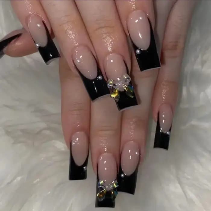 24 pièces presse sur ongles court amande nœud papillon noir presse sur ongles blanc perle douce poin